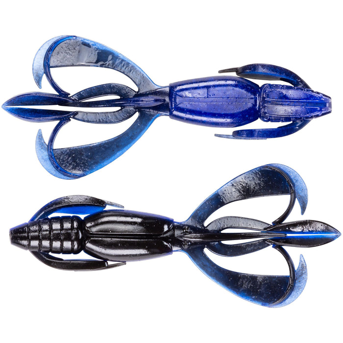 Two flexible, lifelike fishing lures in black and blue designed to mimic aquatic prey, identified as Keitech Crazy Flapper, used for fishing tackle and targeting musky fish.