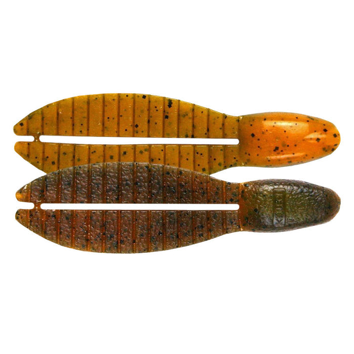 Two soft plastic fishing lures in brown and amber tones with speckled black dots, designed for fishing tackle, identified as Keitech Flex Chunk with ribbed bodies and paddle tails.