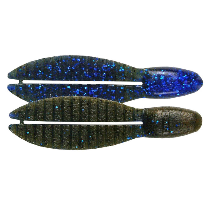 Two detailed Keitech Flex Chunk soft plastic fishing lures with segmented bodies and a blue and black speckled color pattern designed for lifelike movement in water.