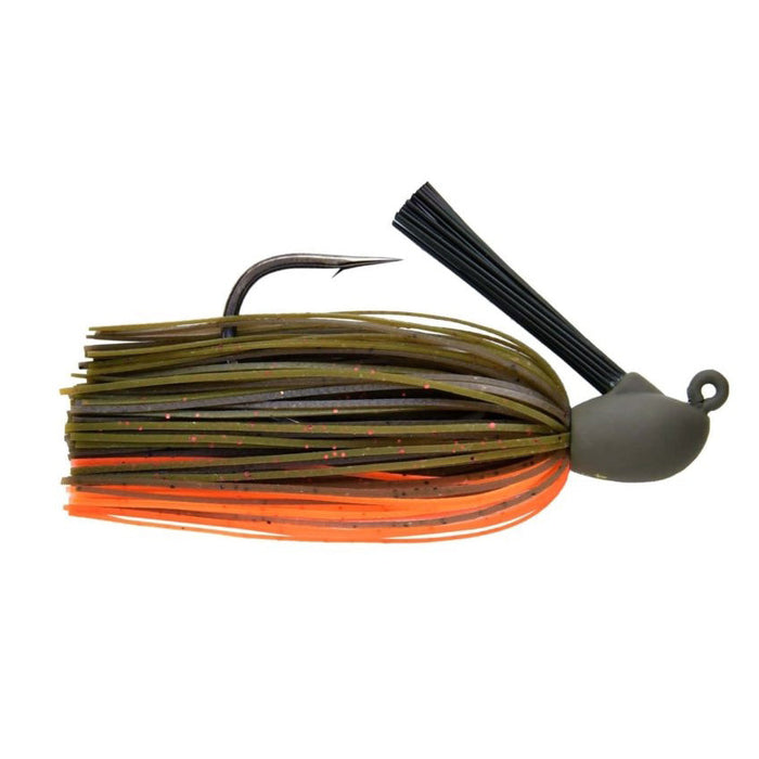 Keitech Model IV Heavy Duty Jig fishing lure featuring an olive green and orange skirt, single sharp hook, and black weed guard designed for musky and other large fish fishing tackle.