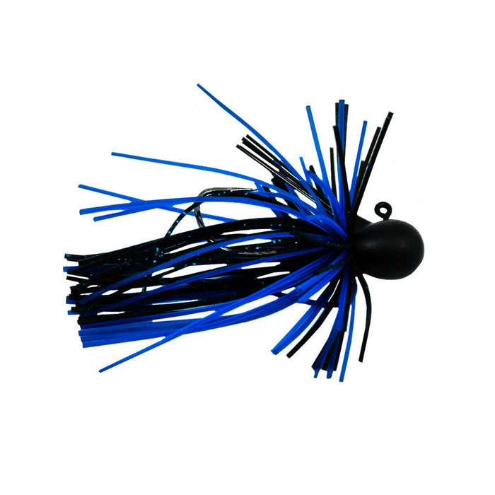 Keitech Tungsten Guard Spin Jig featuring a weighted black head and black and blue skirt strands designed for fishing tackle and lure attraction.