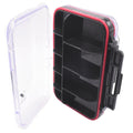 Kenders Double-Sided Compartment Waterproof Box with clear hinged lid, black interior compartments, and red sealing gasket, designed for organizing fishing tackle and gear.