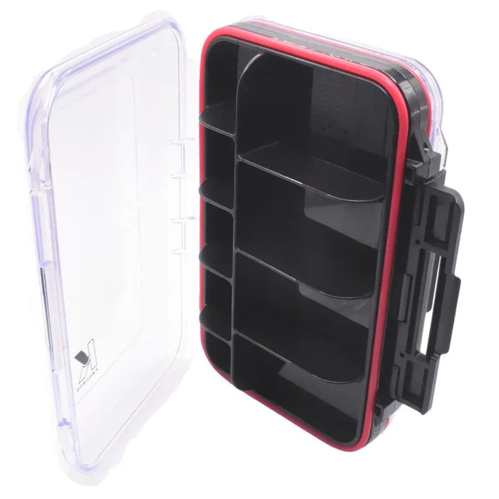 Kenders Double-Sided Compartment Waterproof Box with clear hinged lid, black interior compartments, and red sealing gasket, designed for organizing fishing tackle and gear.