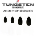 Kenders Tungsten Flipping Weights in various sizes from 1/4 oz to 2 oz, shown as black, smooth, teardrop-shaped fishing tackle weights for precise fishing rod balance.