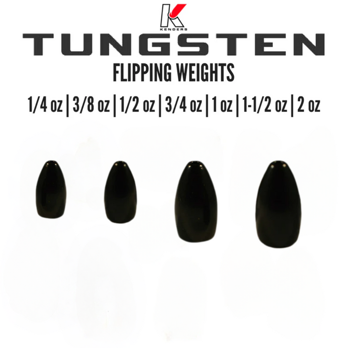 Kenders Tungsten Flipping Weights in various sizes from 1/4 oz to 2 oz, shown as black, smooth, teardrop-shaped fishing tackle weights for precise fishing rod balance.