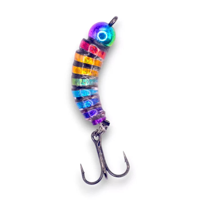 Kenders Tungsten Micro Mighty Maggot fishing lure in vibrant multicolor with a segmented body and attached sharp treble hook for effective fishing tackle use.