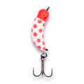 Kenders Tungsten XL Mighty Maggot fishing lure in white with red dots and a red head, featuring a metallic treble hook for effective fishing tackle.