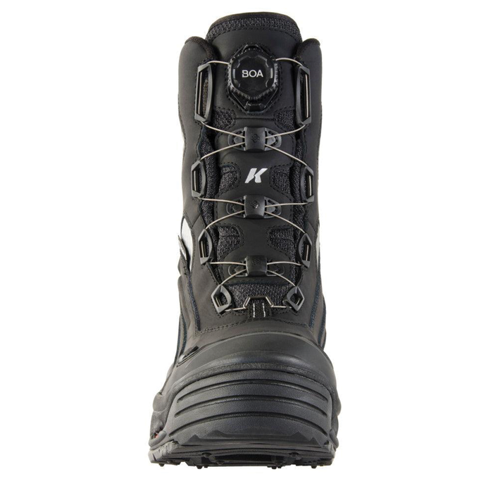 Front view of a black Korkers Polar Vortex 1200 w/Snowtrac Sole (BOA) - Men's Boots featuring a durable sole and an adjustable BOA lacing system designed for outdoor fishing and cold weather use.