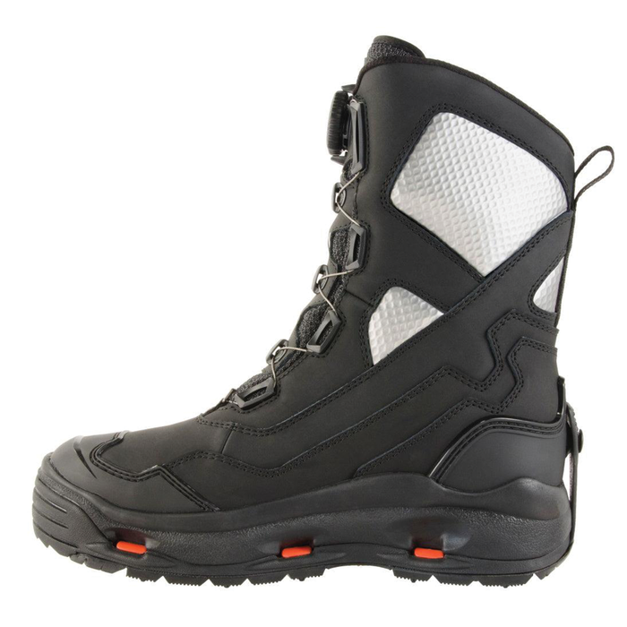 Side view of a black and white insulated outdoor boot with a rugged sole and a BOA closure system, identified as Korkers Polar Vortex 1200 w/Snowtrac Sole (BOA) - Men's Boots, designed for cold weather and fishing tackle activities.