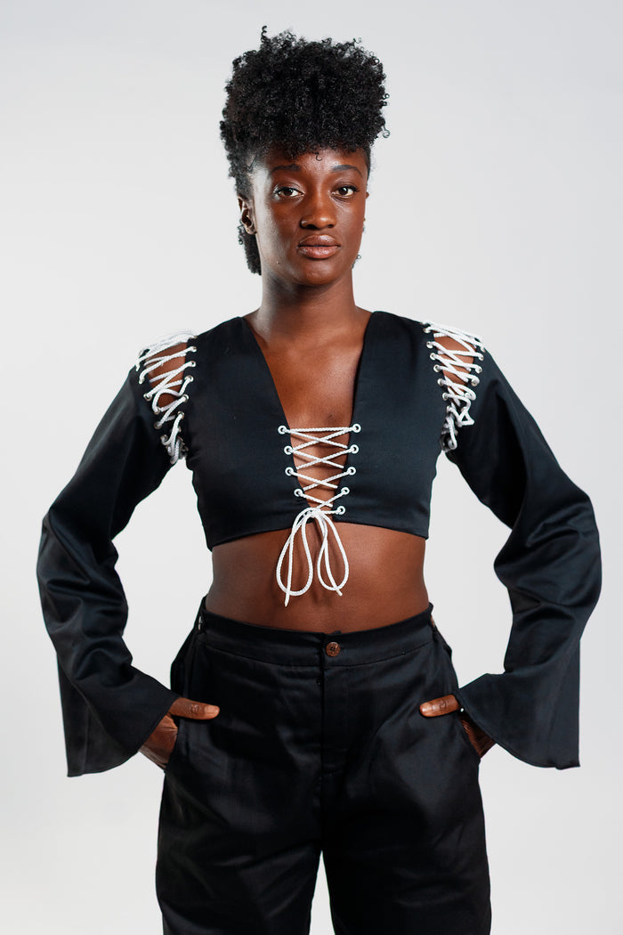 Laced Flared Sleeve Crop Top - Cargo Black