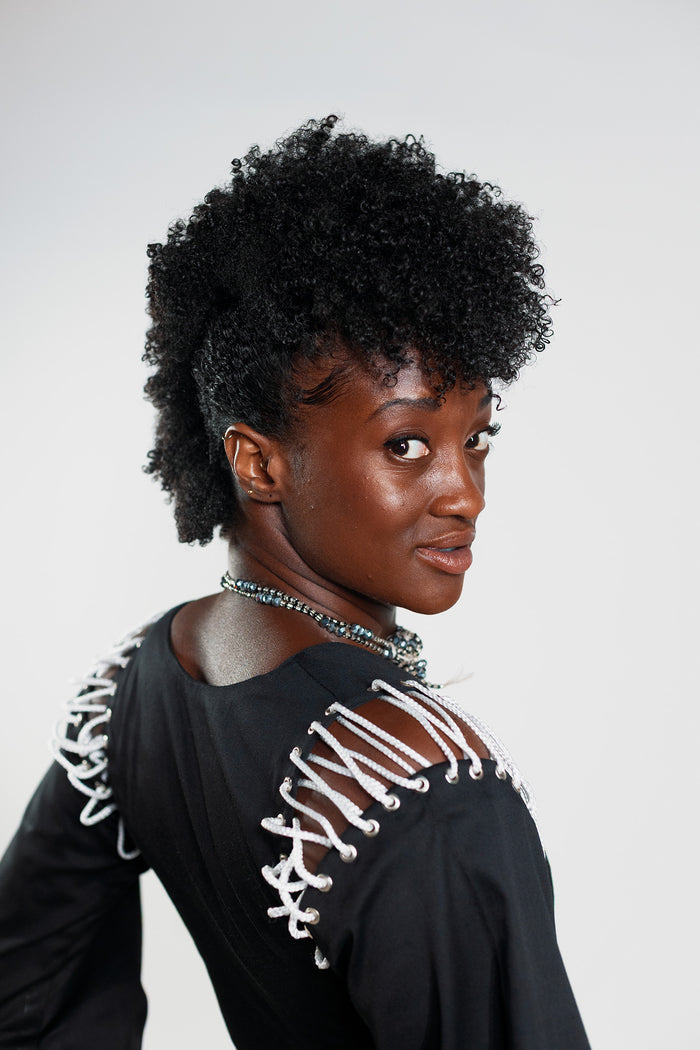 Laced Flared Sleeve Crop Top - Cargo Black