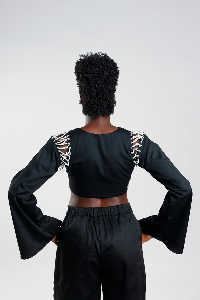 Laced Flared Sleeve Crop Top - Cargo Black