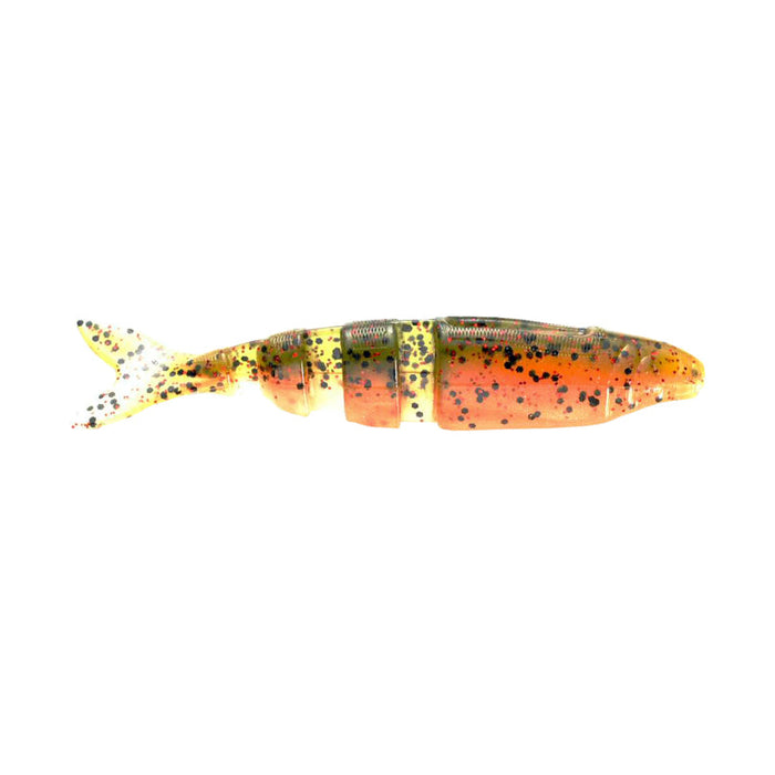 Soft plastic segmented fishing lure in natural shad colors with black speckles and a forked tail, designed for use as the Lake Fork Trophy Lures Live Magic Shad.