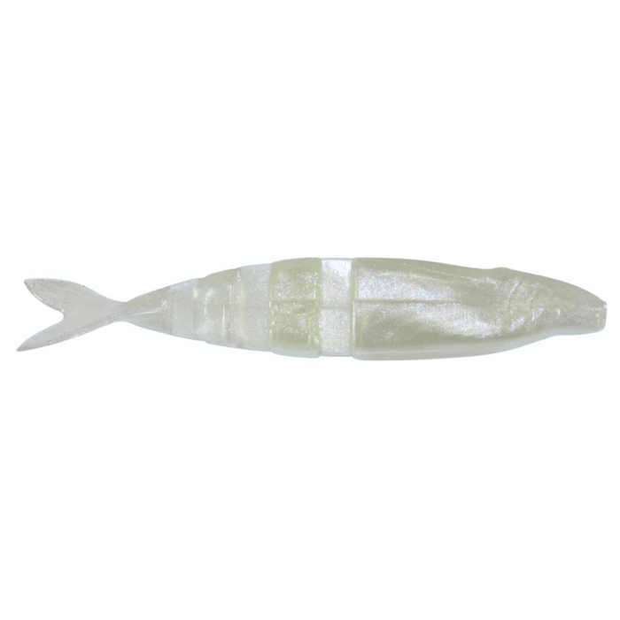 Lake Fork Trophy Lures Live Magic Shad in pearlescent white with soft segmented body and forked tail, designed as a realistic fishing lure for musky and other game fish.