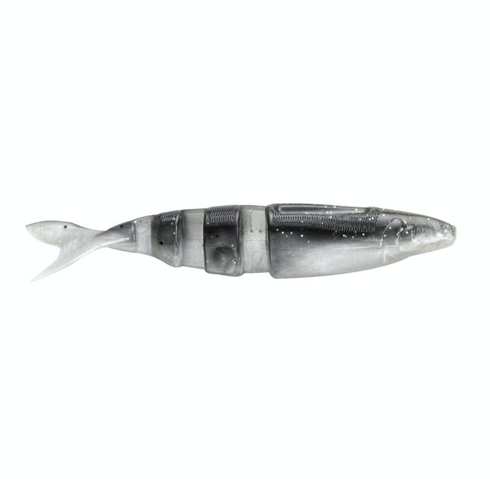 Lake Fork Trophy Lures Live Magic Shad segmented softbait in translucent gray and black, designed for realistic swimming action in fishing tackle setups.
