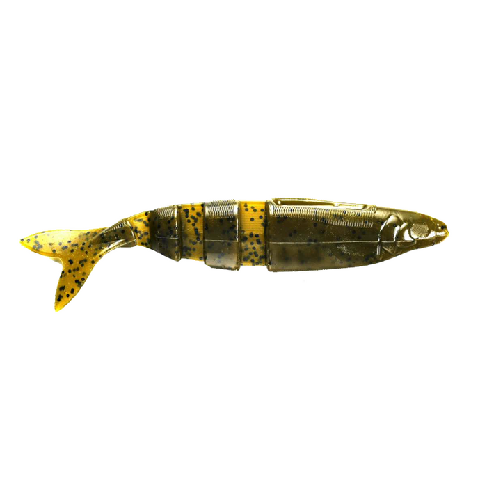 Lake Fork Trophy Lures Live Magic Shad fishing lure in segmented design with green and yellow pumpkin colors and black speckled pattern for lifelike movement.