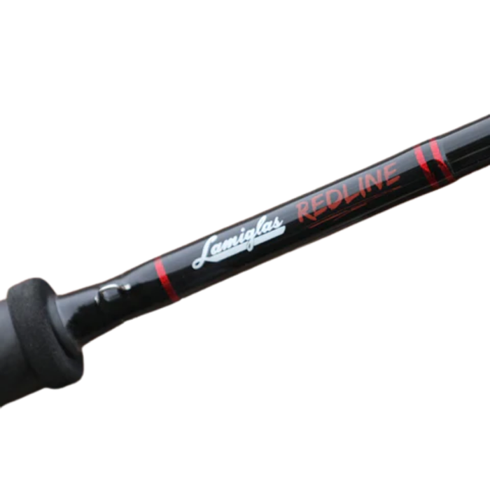 Close-up of the black fishing rod handle and upper shaft featuring the Lamiglas Redline Centerspin model name in white and red lettering, designed for precise fishing tackle use.