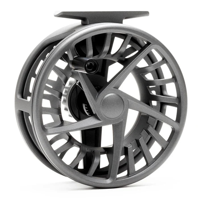 Lamson Liquid S HD fly fishing reel in matte gray finish with a lightweight, ventilated spool design and ergonomic handle for smooth fishing tackle performance.