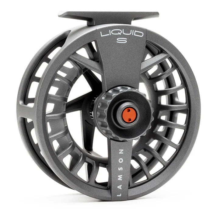 Lamson Liquid S HD fishing reel in matte gray finish with large arbor spool, ergonomic drag knob featuring orange accent, designed for smooth performance and durability.