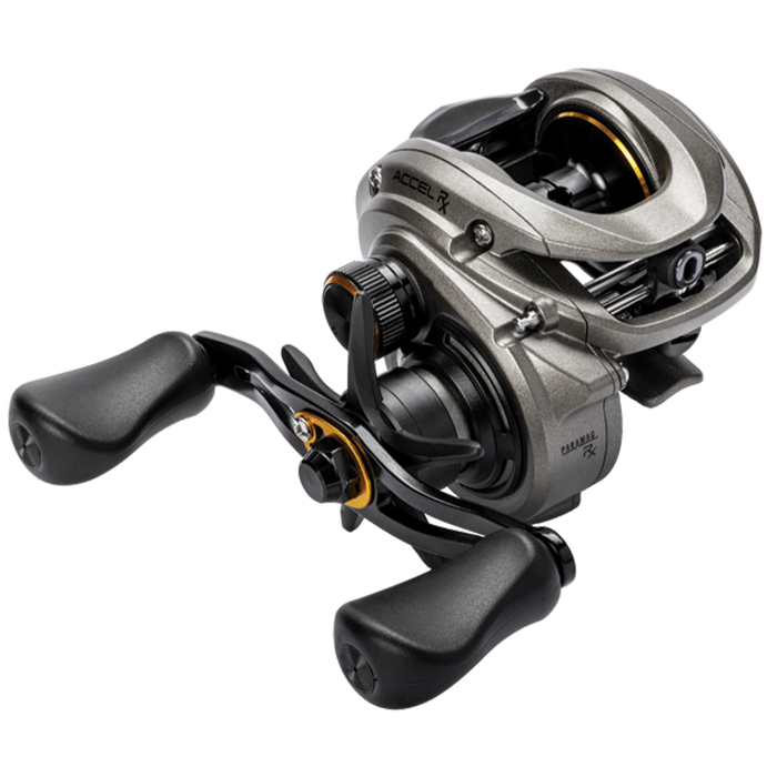Lew's Accel RX Casting Reel in metallic gray with black ergonomic handles, designed for smooth casting and precise control in fishing tackle and rods.