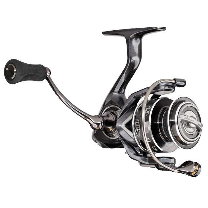 Lew's Custom Lite Spinning Reel in close-up, showing its sleek black and silver design with ergonomic handle, designed for smooth fishing performance and durability.