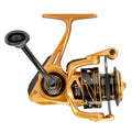 Lew's Custom Pro Spinning Reel in metallic gold finish featuring a sturdy handle, precision drag system, and balanced spool, designed for smooth performance in fishing tackle.