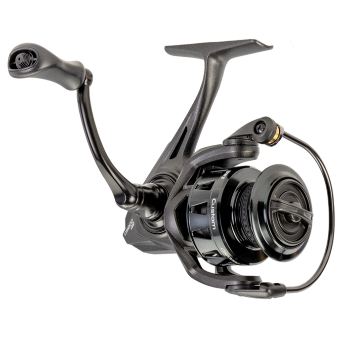 Lew's Custom Spinning Reel in black with ergonomic handle and smooth spool design, ideal for fishing tackle and precise casting in freshwater and saltwater environments.