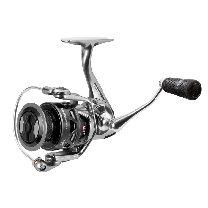 Lew's HyperMag Speed Spin Spinning Reel in metallic silver and black with ergonomic handle and precision spool, designed for smooth performance in fishing tackle applications.