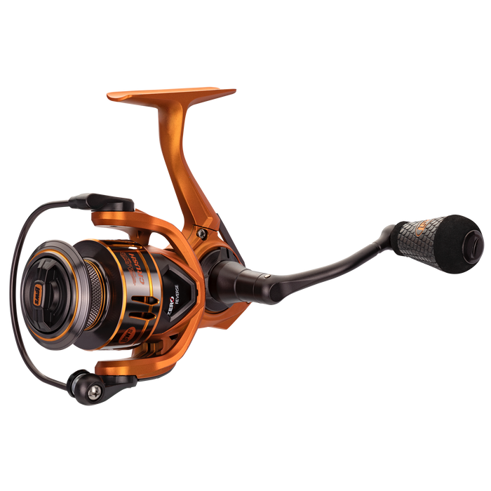 Lew's Mach Crush Spinning Reel in metallic orange and black, featuring ergonomic handle, precision spool, and durable construction ideal for fishing rods and reels enthusiasts.