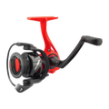 Lew's Mach Smash Spinning Reel in red and black, featuring ergonomic handle and smooth spool designed for fishing rods and reels in musky and fly fishing tackle.