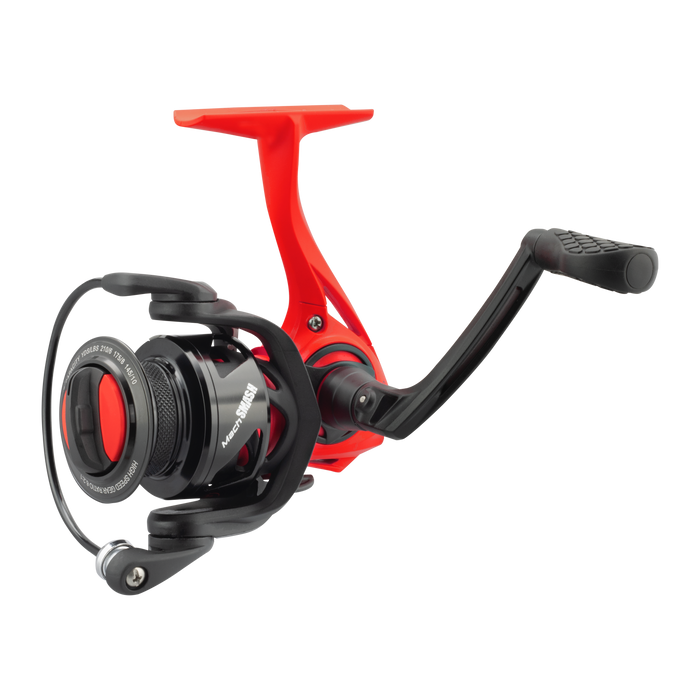 Lew's Mach Smash Spinning Reel in red and black, featuring ergonomic handle and smooth spool designed for fishing rods and reels in musky and fly fishing tackle.