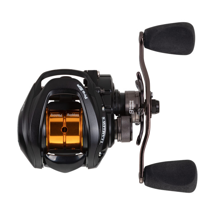 Lew's Pro Skip & Pitch Speed Spool SLP Casting Reel in black and gold with ergonomic handle grips designed for smooth casting and precise fishing tackle control.