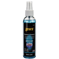 Bottle of Lew's Speed Cleanz Reel Treatment spray designed to clean lubricant residue and dirt from fishing reels, with a clear cap and blue liquid inside.
