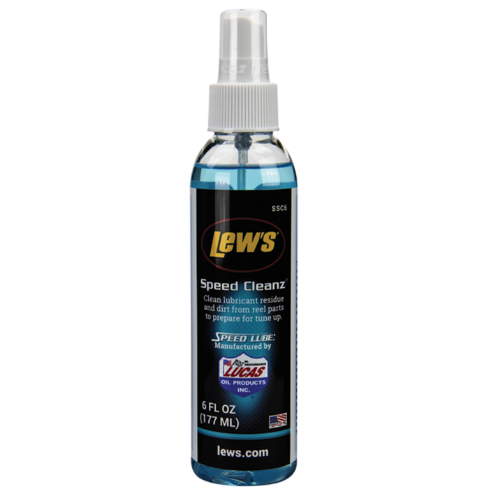 Bottle of Lew's Speed Cleanz Reel Treatment spray designed to clean lubricant residue and dirt from fishing reels, with a clear cap and blue liquid inside.