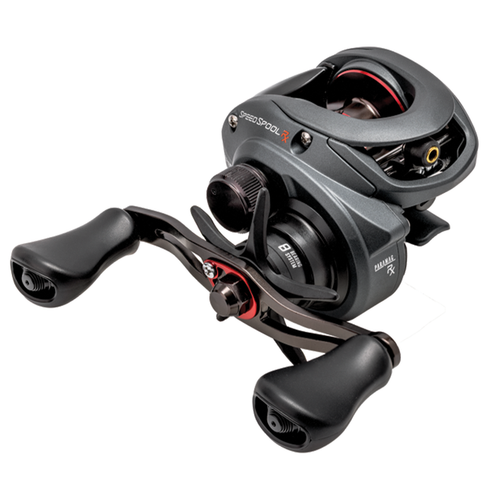 Lew's Speed Spool RX Casting Reel in dark gray with ergonomic dual handles, compact design, and smooth spool system, ideal for precision fishing tackle and rod setups.