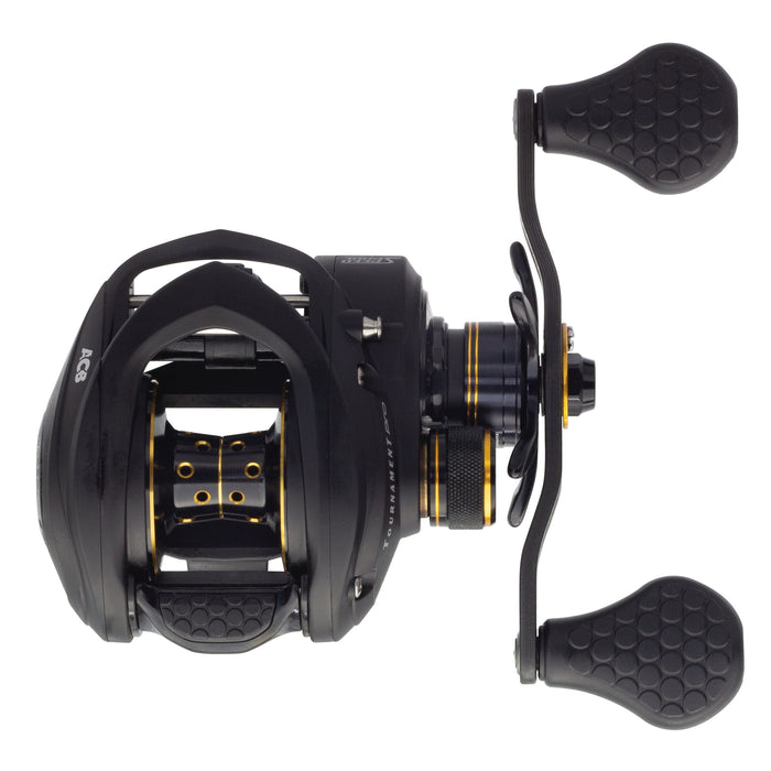 Lew's Tournament Pro Speed Spool LFS Casting Reel in black with gold accents, featuring ergonomic dual handles and a compact, durable design for precision fishing tackle use.