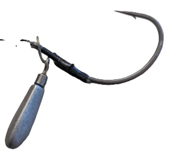 Close-up of Limitless Felix's HALO Ryugi fishing lure featuring a sharp curved hook and weighted sinker, designed for precision fishing tackle and musky angling.
