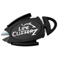 Black compact fishing tool with a curved body, featuring sharp metal blades and an ergonomic handle, displaying "Line Cutterz Dual Hybrid Micro Scissors" logo for precise line cutting.