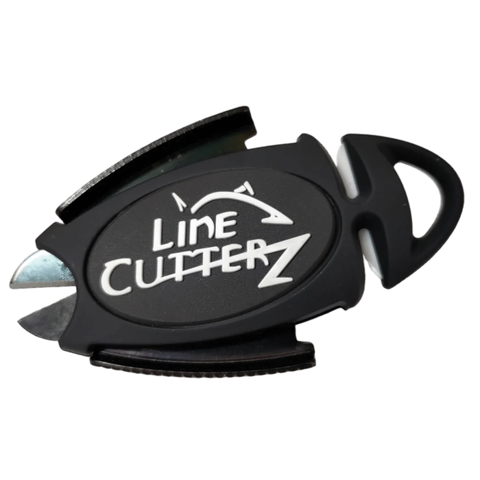 Black compact fishing tool with a curved body, featuring sharp metal blades and an ergonomic handle, displaying "Line Cutterz Dual Hybrid Micro Scissors" logo for precise line cutting.