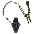 Line Cutterz Elite Pliers in olive green with black grips, featuring a coiled tether and a black retractable sheath for secure storage and access, designed for fishing tackle use.