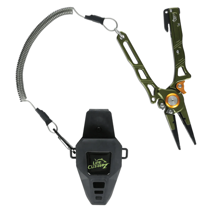Line Cutterz Elite Pliers in olive green with black grips, featuring a coiled tether and a black retractable sheath for secure storage and access, designed for fishing tackle use.