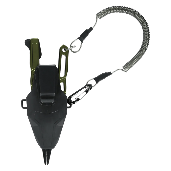 Line Cutterz Elite Pliers in a protective black sheath with olive green handles and a coiled metal lanyard, designed for secure handling in fishing tackle activities.