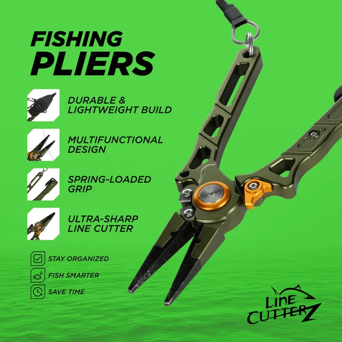 Line Cutterz Elite Pliers shown with durable lightweight build, multifunctional design, spring-loaded grip, and ultra-sharp line cutter for fishing tackle and rods.
