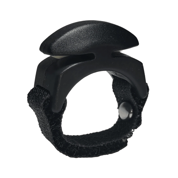 Line Cutterz Ring (Ceramic Blade) finger-mounted fishing tool with adjustable black strap and curved ceramic blade for cutting fishing tackle efficiently.