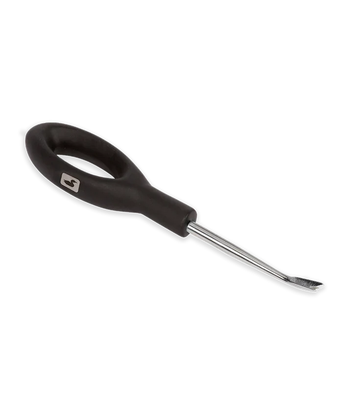 Loon Ergo Easy Cutter with black ergonomic oval handle and stainless steel hooked blade, designed for comfortable and precise cutting in fishing tackle applications.