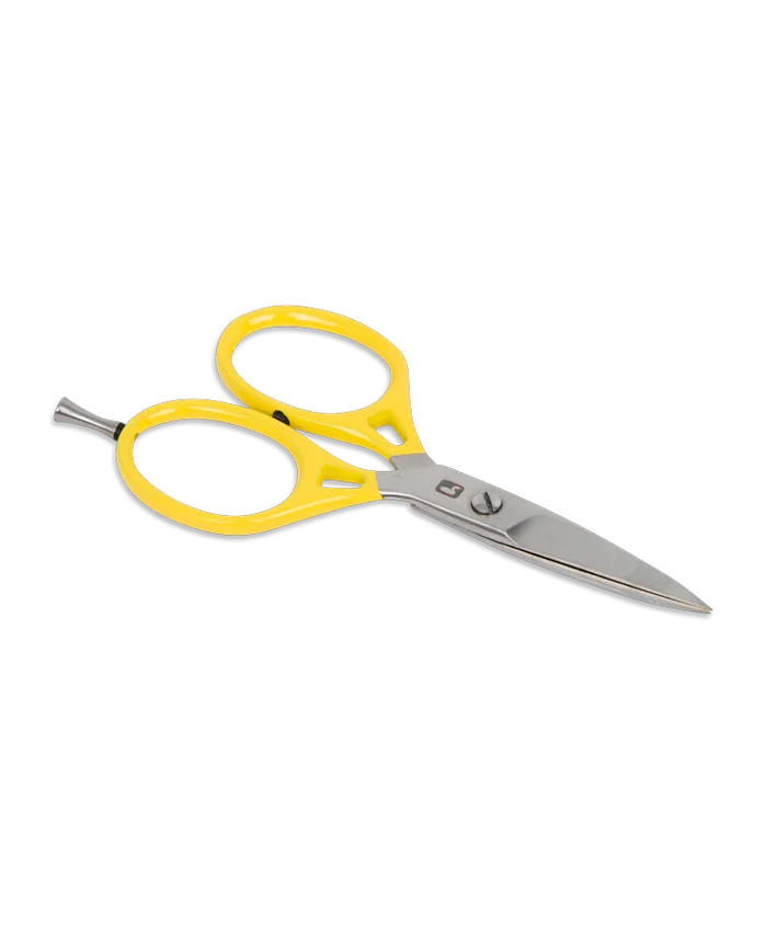 Loon Ergo Prime Scissors W/ Peg with stainless steel blades and bright yellow ergonomic handles designed for precise cutting of fishing tackle and line.