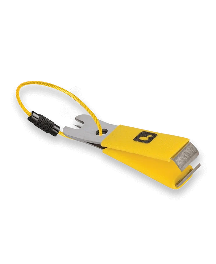 Loon Outdoors Classic Nippers with yellow protective cover and metal cutting blades designed for precise fishing tackle use, featuring a wire loop for secure handling.