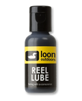 Small black and yellow bottle of Loon Outdoors Reel Lube, a lubricant designed for maintaining fishing rods and reels for smooth performance.
