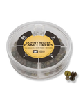 Clear round plastic container holding various sizes of camo-colored tin fishing weights with "Loon Tin Drop Assortments" label on top, alongside four sample weighted drops.