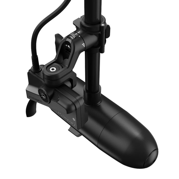Lowrance Activetarget 2 Shaft Mount SKU:000-16502-001 black underwater fish finder transducer attached to mounting shaft with cable for marine electronics use.